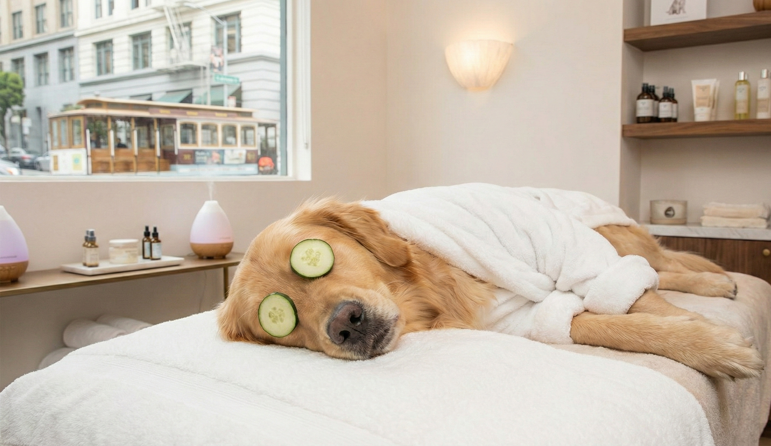 Happy dog with premium accessories